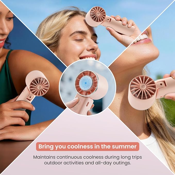Hand Held Fan - 4 Speeds Adjustable 4800mAh,Foldable,Lightweight Neck-Worn Design,Beach Vacation Essentials,Portable Fan for Travel,Cooling for Camping Outdoor and Indoor - Pink