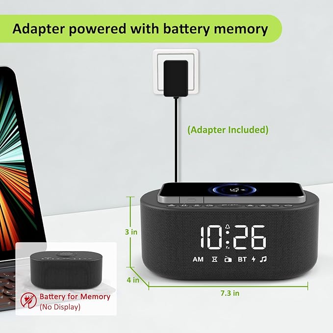 DreamSky Alarm Clock Radio with Wireless Charging and Bluetooth Speaker | Loud Alarm for Heavy Sleepers, Bedroom Digital FM Radio with Sleep Timer, 0-100% Dimmer, 9 Alarm Sounds & 16 Volumes, USB