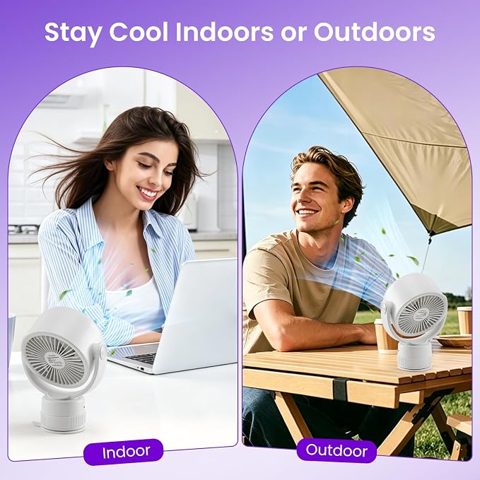 Desk Fan - 120° Oscillating Portable Table Fan, Rechargeable Wall Mount Air Circulator with Twist-Lock Suction Cup for Kitchen, Bathroom, Office and Travel, White