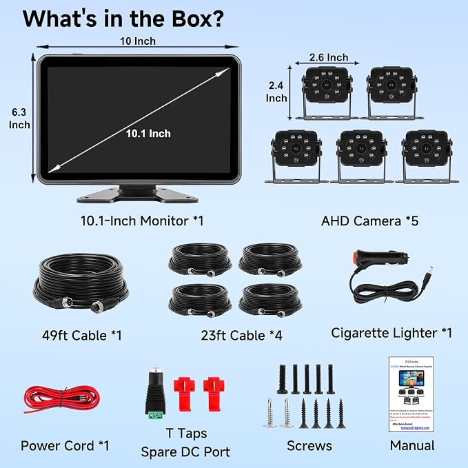 5-Channel Wired Backup Camera System, 10.1" HD Touch Monitor & 1080P Rear Side View Camera, Smart BSD Alert DVR Recording Waterproof IR Night Vision for Truck/RV/Trailer/Tractor/Bus/Heavy Equipment