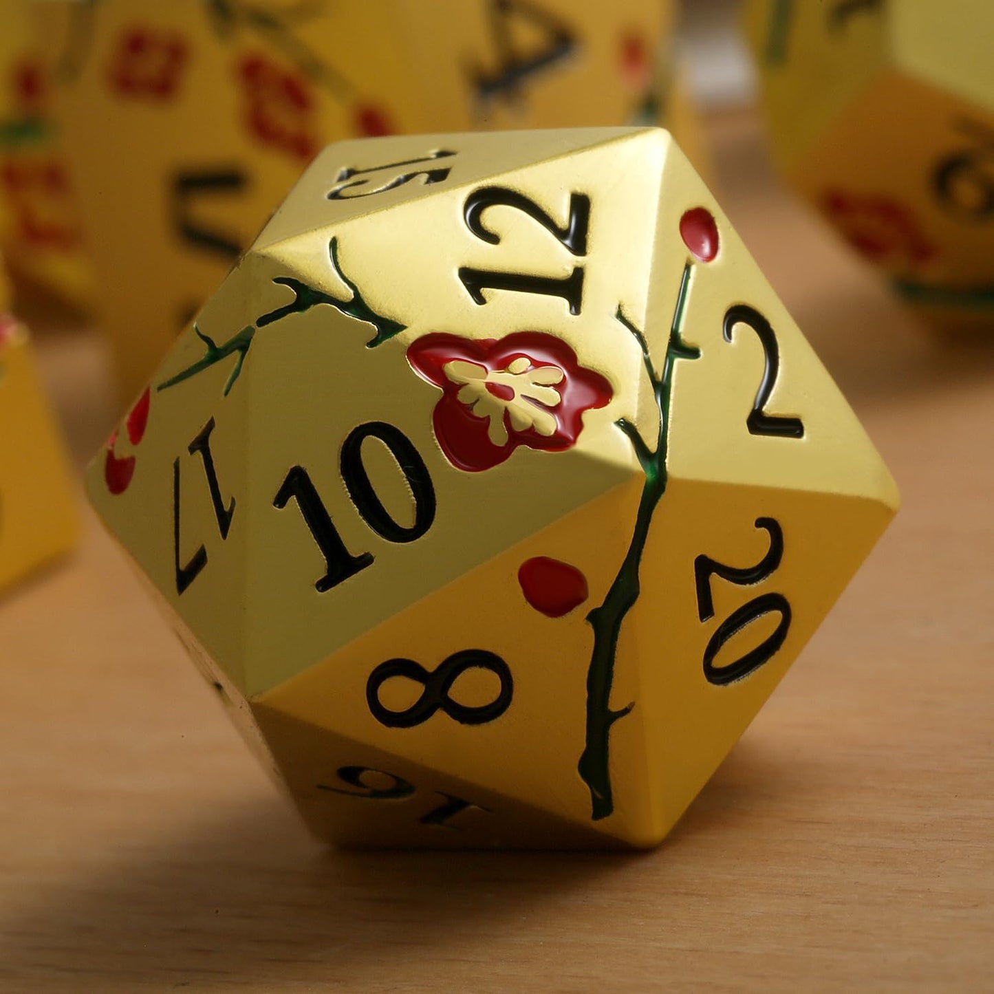 DNDND Flowers Metal Dice, 7 PCS Metallic DND Dice with Gorgeous Gift Case for D&D Dungeons and Dragon Tabletop Game (Red Flowers with Gold)