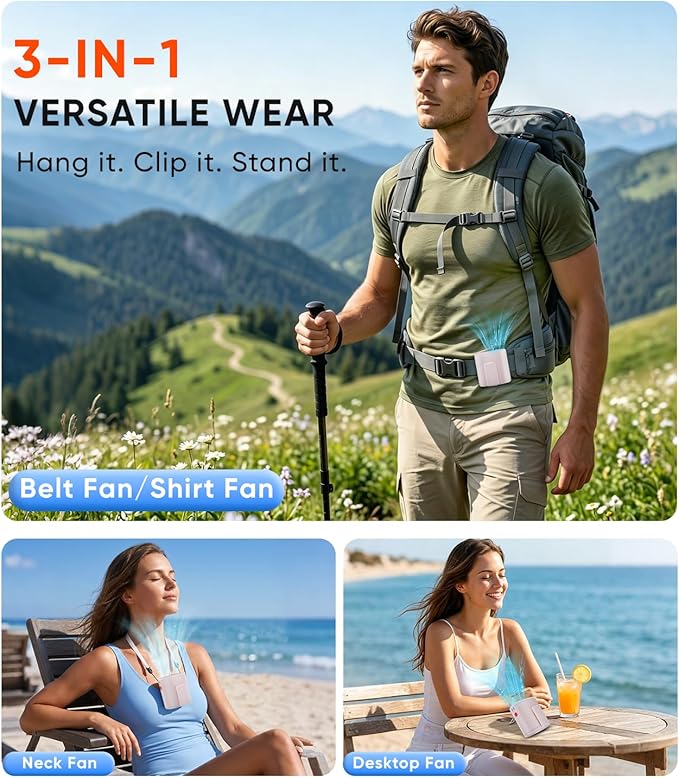 AI Portable Waist Fan, 6-Speed 15,000RPM Strong Turbo Airflow, 30H Cooling Battery Powered Personal Fan Rechargeable, Wearable Hands-Free Shirt/Belt/Body Fan for Travel, Work, Outdoor Off-White