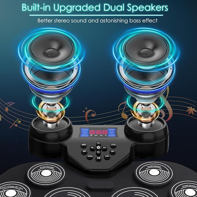 7-Color Dynamic LED Lights Electric Drum Set, 9-Pad Electronic Drum Set Bluetooth MIDI Support, Extra-thick Electric Drum Pads for Better Rebound, Perfect Christmas/Birthday Gift for Kids