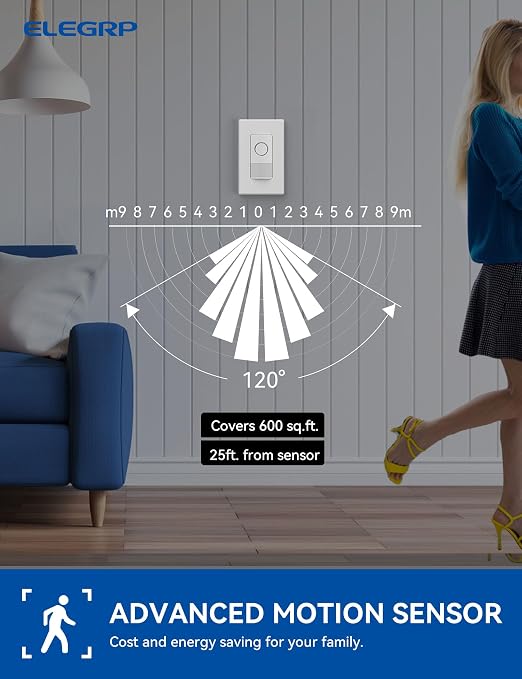 ELEGRP Smart Motion Sensor Switch, 2.4GHz Wi-Fi Single Pole Light Switch Works with Alexa & Google Assistant, APP Remote Control, Neutral Wire Required, UL Certified, No Hub Required (White, 1 Pack)