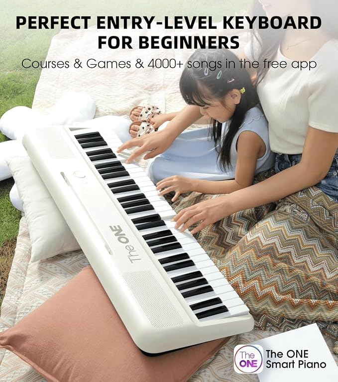 The ONE Smart Keyboard COLOR 61 Lighted Keys Piano Keyboard, Electric Piano for Beginners with 256 Tones, 64 Polyphony, Built-in LED Lights & Apps, Supports USB MIDI/Headphones (White)