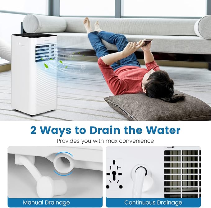 COSTWAY Portable Air Conditioner, 10000 BTU AC Unit with Cool, Fan, Dehumidifier & Sleep Mode for Rooms up to 350 Sq.Ft, with 24H Timer, Child Lock, Remote Control & Window Kit (White and Black)