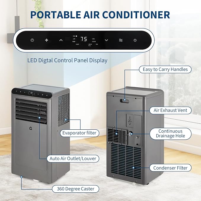 10000 BTU Portable Air Conditioners, 4-In-1 Portable AC Unit for Rooms Up to 450 Sq. Ft, Dehumidifier, Fan, Energy Saving, Remote Control, 24 Hour Timer, Sleep Mode, for Bedroom/Office,Grey