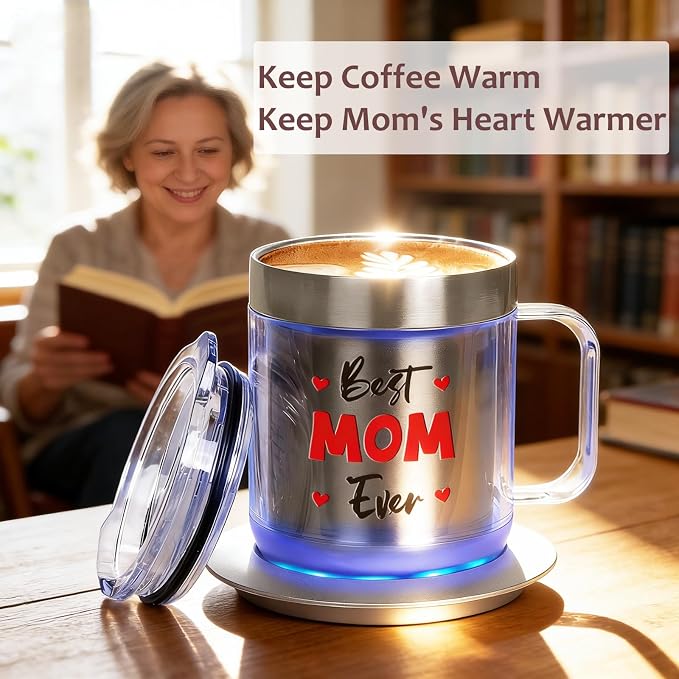 Birthday Gifts for Mom, 12oz Funny Heated Coffee Mug for Mom with BEST MOM EVER, Electric Coffee Cup with Warmer Set, Ideal Valentines Mothers Day Gifts from Husband Daughter Son(Silver MOM-12oz)