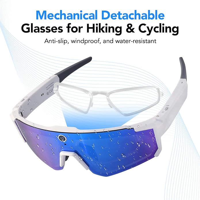 King Will Smart Glasses with Camera, AI Bluetooth Sunglasses with Detachable Inner Lense, 1200P EIS Anti-Shock Video Recording, Dual-Mic ENC Noise Cancellation, IP54 Anti-Water for Cycling & Hiking
