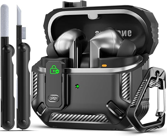 Lock Fit Designed for Samsung Galaxy Buds3 FE (2025) / Buds3 Pro (2024) / Buds 3 Case (2024),with Cleaning kit Full Body Shockproof Carbon Fiber Protection Design