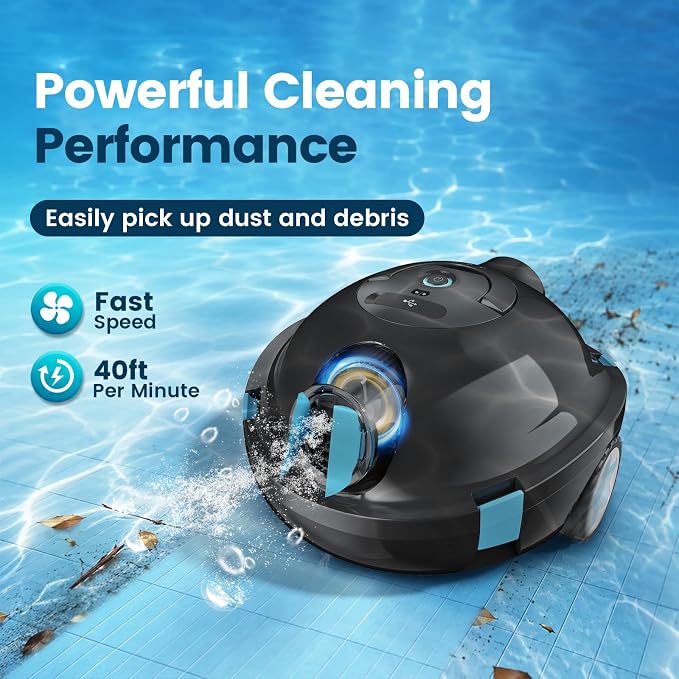Y10 Robotic Pool Cleaner,Cordless Pool Vacuum with 150 Mins Runtime,High Efficiency Dual Suction Power,Self-Parking&Smart Navigation for Above-Ground & Flat Inground Pools up to 1300 sq.ft (Charcoal)
