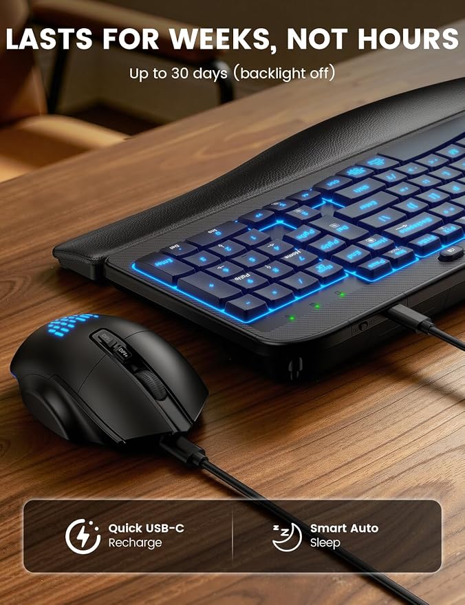 SABLUTE Wireless Keyboard and Mouse Combo Ergonomic - MA12Pro Wave Keyboard with Leather Wrist Rest for Comfortable Typing, RGB Backlit Rechargeable for Windows, Mac, PC, Laptop