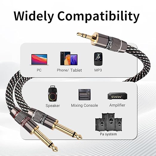 3.5mm TRS to Dual 6.35mm TS Y Splitter Audio Cord, 1/8 to 1/4 Stereo Cable with 6N OFC & 5μm 24K Gold-Plated Connectors,Braided Hi-Fi Cable for Audiophiles,Home Stereos(9.84ft/3m)