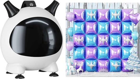 Electric Balloon Pump and 32PCS Blue and Purple Square Foil Balloon with Star Foil Balloon, 600W Dual Nozzle Air Pump & Metallic Purple Light Blue Tunnel Arch Kit for Winter Snow Birthdays