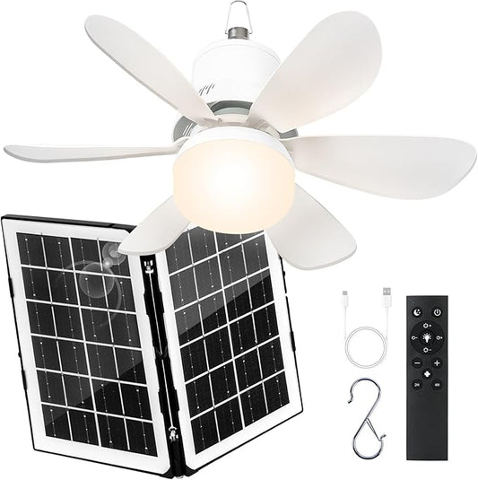 Portable Solar Ceiling Fan with Lights,18.5in Outdoor Fan with Foldable Solar Panel, Remote Control Stepless Dimmable, Timer, 3 Speeds 30dB, Tool-Free Setup for Camping Greenhouse Chicken Coop, White