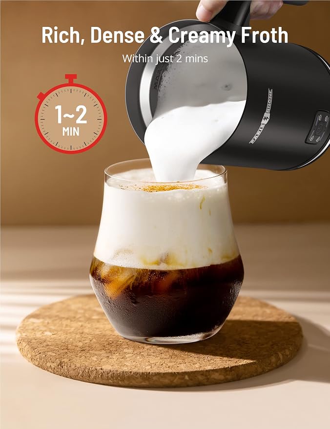 PARIS RHÔNE Milk Frother - 4-in-1 Electric Milk Frother and Steamer for Coffee, Hot/Cold Foam, 10.1oz/300ml Capacity, Non-Stick Interior Milk Warmer for Latte, Cappuccino, Macchiato (Black)