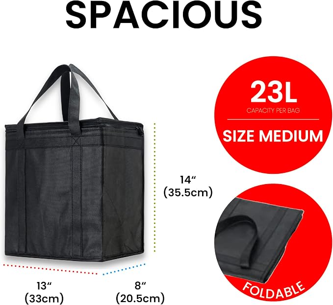NZ home Insulated Bags for Food Delivery (Medium) Grocery Shopping Cooler Bag, Pizza Delivery, Hot & Cold Catering Tote, Reusable, Foldable & Heavy Duty (2 Pack, Black)