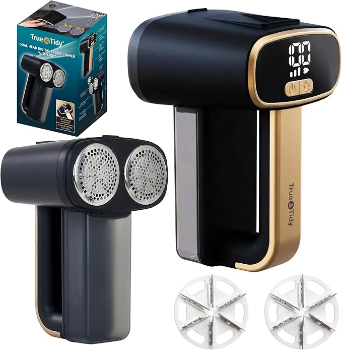 True & Tidy Dual Head Fabric Shaver, Lint & Pet Hair Remover for Clothes & Furniture, Type-C Rechargeable Defuzzer w/LED Light, Digital Display, 3 Speeds, Pill Remover for Sweaters, Upholstery, Couch