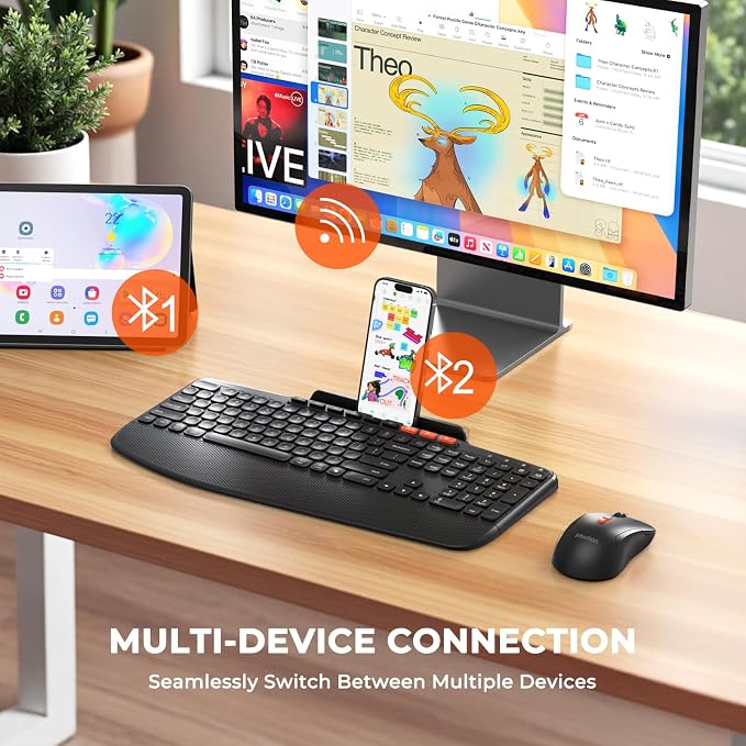 MEETION Wireless Keyboard and Mouse Combo, Ergonomic Keyboard with Wrist Rest, Tablet Holder, Scissor Keys USB/Bluetooth Rechargeable Keyboards, 4DPI Mouse, for Windows/Mac/PC/Laptop/Phone/Tablet