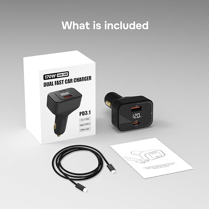 TENTECH USB C Car Charger, 170W 2-Port Superfast Car Charger Adapter,PD3.1/QC Cigarette Lighter USB C Charger for MacBook, iPhone 17/16/15, iPad, AirPods, Android,Samsung with LED Voltage Display