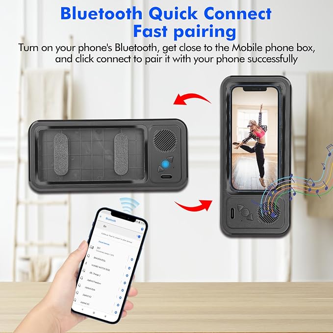 Shower Phone Holder with Wireless Bluetooth Speaker, Waterproof 480 Rotation Viewable Shower Phone Stand Case Mount Speakers for Bathroom Wall Mirro for 4"- 6.8" Cell Phones ,Gift for Mom(Black)