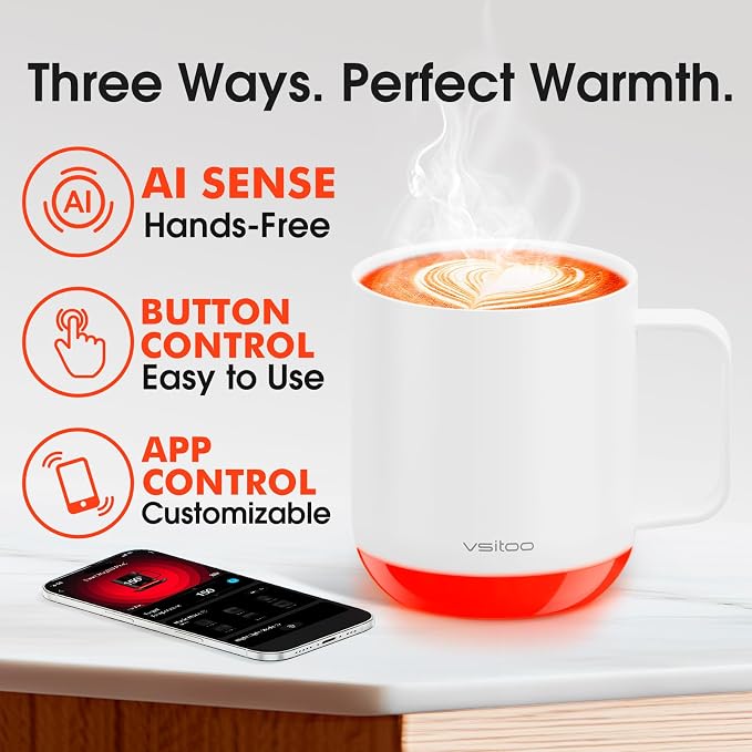 Vsitoo S6 Plus 12oz Smart Self Heating Coffee Mug, AI Auto-Sensing Heated Espresso Mug Temp Control 120-150℉, Rechargeable Mug Warmer with Music LED, IPX7 Gift for Women Men- White