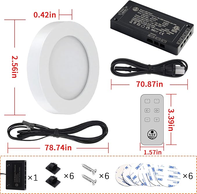 VST Under Cabinet Lights CCT 3000K-6500K, LED Puck Light Color Temperature and Brightness Adjustable with Touch Remote Dimmer and ETL-Listed Led Driver for Drawer Wardrobe Kitchen （White）