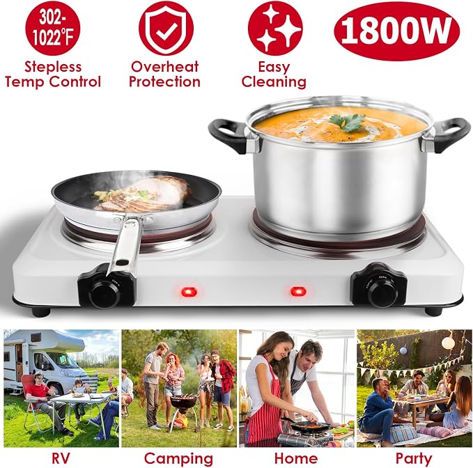 KOCASO 1800W Dual Infrared Burner Hot Plate, 7.5" & 6.3" Glass Cooktop, Stepless Temp Control 302°F-1022°F, Portable Electric Stove for Home, RV, Camping, Dorms