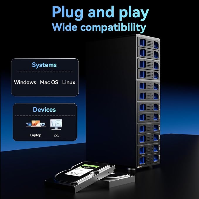 CENMATE Aluminum 12 Bay Hard Drive Enclosure with Cooling Fan for 2.5“/3.5" SATA HDD/SSD with USB A/C 3.0, Support Hot Swappable, Tool-Free HDD Enclosure, DAS(NO RAID/NAS)