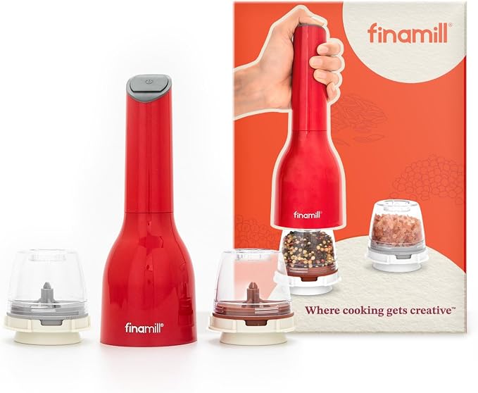 FinaMill Classic Battery Spice Mill – Battery Operated Salt and Pepper Grinder Set, Includes 2 Interchangeable Spice Pods, Adjustable Coarseness, LED Light, Home and Kitchen Gift Set for Father's Day