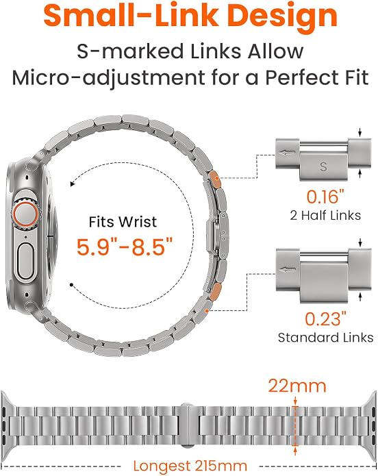 Grade 5 Titanium Band for Apple Watch Ultra 3/2/1 49mm & Series 11/10 46mm, No-Tool Adjustable with Small Links, DLC Anti-Scratch Butterfly Clasp Metal Strap for Men,CRNS03-PRO