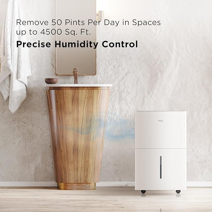TCL 4,500 Sq. Ft. Smart Dehumidifier, Energy Star Most Efficient 2024, 50 Pints Per Day, Ideal for Basements, Rooms, and Other Living Spaces, Compatible with Alexa/Google Assistant – H50D44W