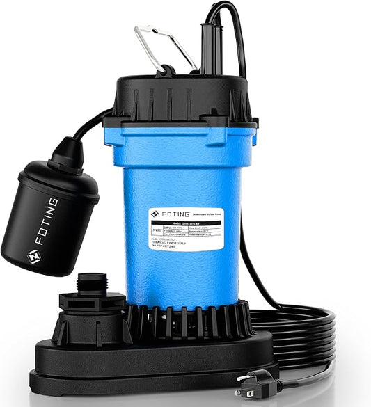 FOTING 3/4HP Submersible Sump Pump,4500 GPH Cast Iron Sewage/Effluent Pump,Automatic Tethered Float Switch,Septic Pump for Basement,Septic Tank,Basin,Sewage Well,1-1/2" NPT Discharge, Blue