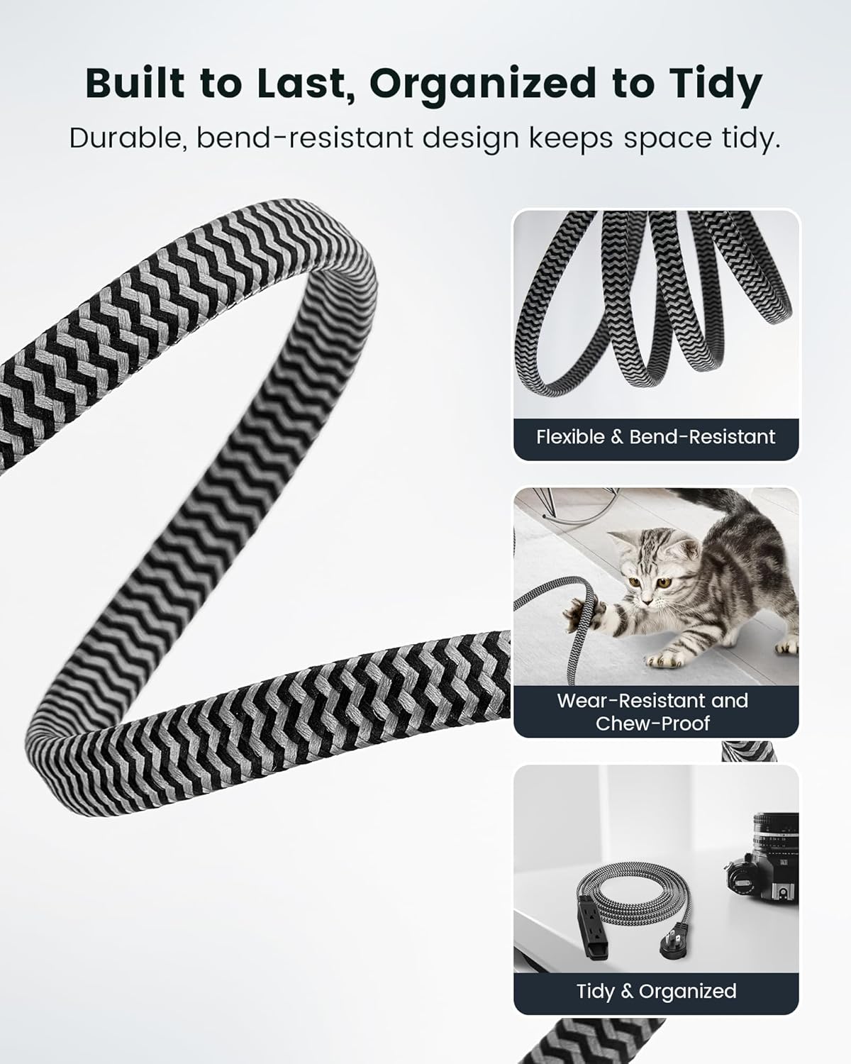 SURAIELEC 10FT 360° Rotating Flat Plug Extension Cord Flat Wall Plug with 3 Outlets, Braided Flat Black Extension Cord for Indoor Use, Small Space, 16/3C SPT, ETL Listed