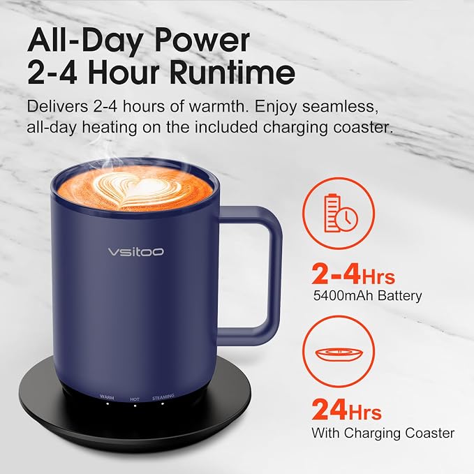 VSITOO S3 Plus 14oz Self Heating Coffee Mug with Auto-Sensing AI - Smart Rechargeable Heated Mug, Temperature Control 120-150℉, IPX7 Waterproof, Coffee Warmer Gift for Women Men-Blue