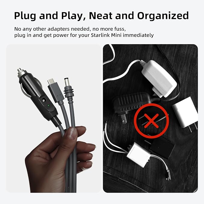 EAZUSE Starlink Mini 3 in 1 DC Power Cable 16.4FT, 100W+ USB C 12-24V Cigarette Lighter Plug and DC Male Power Cable Cord for Starlink Mini, Plug and Play