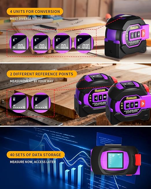 3 in 1 Digital Laser Tape Measure, 197ft/60m Laser Distance Meter, 16ft/5m Digital Tape Measure with Cross Line, AutoLock, ft/in/m Unit Switch, Measure Area, Volume, Pythagorean