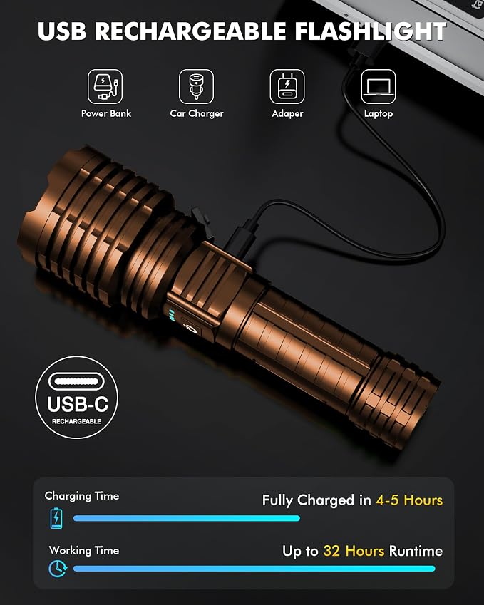 baibian Rechargeable Flashlight 100,000 High Lumens, Super Bright Flashlights high Powered, Handheld Waterproof Tactical LED Flashlight-Zoomable 5 Modes-31H Runtime for Emergency Camping (Coffee)