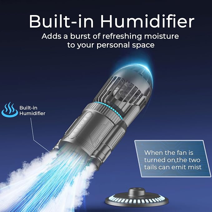 Rocket Desk Fan with Mist Humidifier, 5000mAh Portable Cordless Table Fan, RGB Gaming Room Decor, 180° Auto-Oscillating & Tilt, Quiet Personal Cooling for Office, Bedroom & Gifting (BLACK)