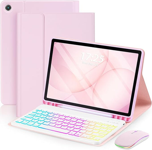 EAMPANG Case with Keyboard Mouse for Samsung Galaxy Tab A11 Plus/A9 Plus 2025/2023 11 inch,7 Color Rainbow Backlight Detachable USB-C Keypad Magnetic Case with Pen Slot for Tablet A11+ A9+ 5G Pink