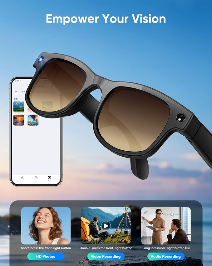 CJkao Smart Glasses with Camera for Men, Video Recording, Voice Recording, Voice Assistant Control, Bluetooth Music, AI Glasses for Teenager