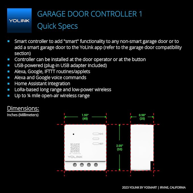 YoLink Garage Door Controller and Wireless Sensor - Remote Control Existing Garage Door Opener, 1/4 Mile World's Longest Range Garage Door Control Kit Compatible with Alexa IFTTT, YoLink Hub Required