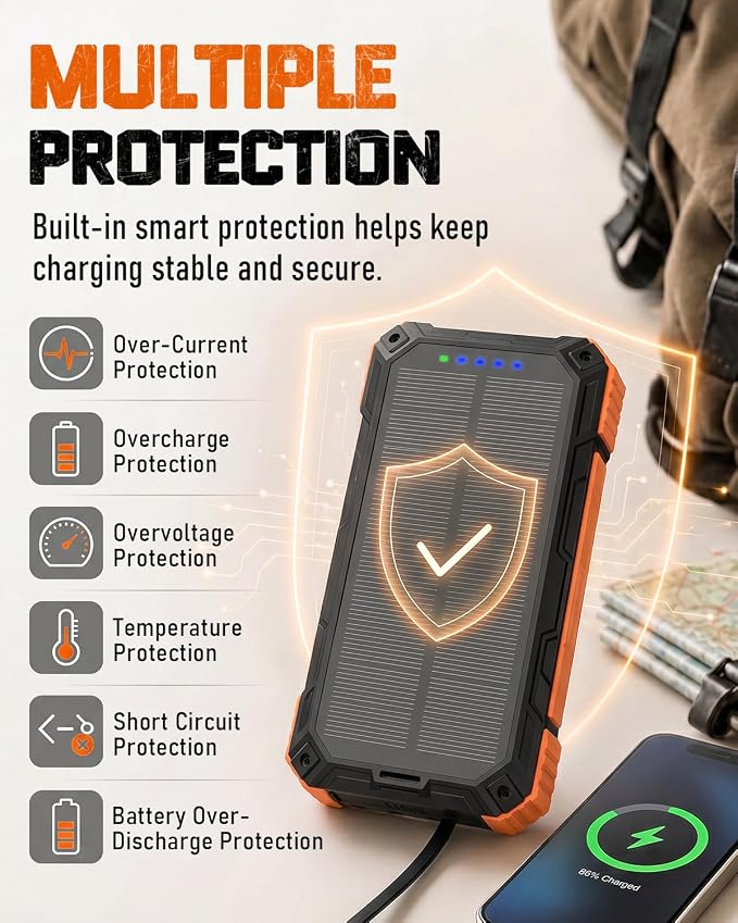 Solar Charger Power Bank - 49800mAh Solar Phone Charger with USB-C in/Output, QC 3.0 Fast Charging with LED Flashlight, Built-in 4 Cables, IP65 Waterproof Fits for Outdoor (Orange)