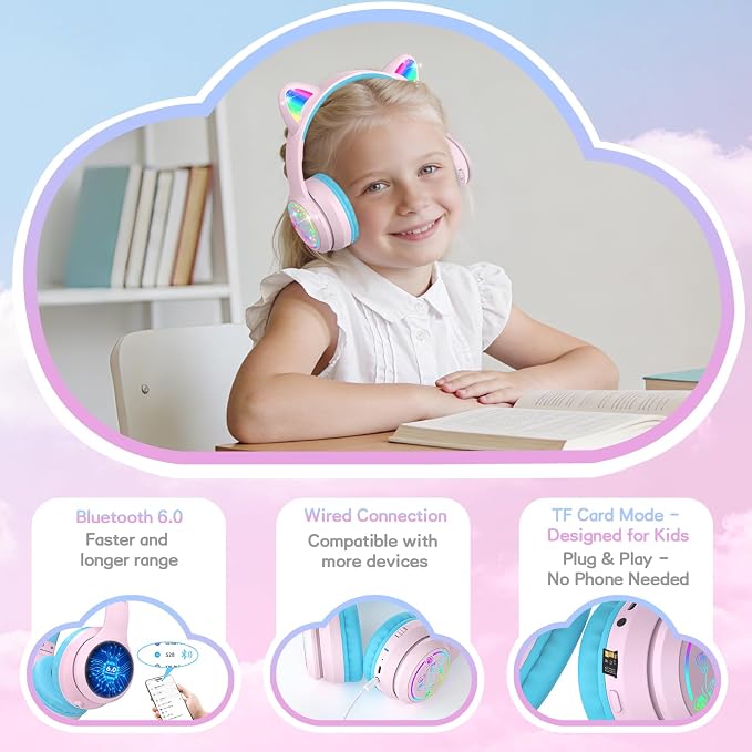 IFECCO Kids Wireless Headphones with Case,Cute LED Light Up Cat Ear Children Girls Bluetooth 6.0 Headphones Volume-limiting for School iPad Tablet Gifts