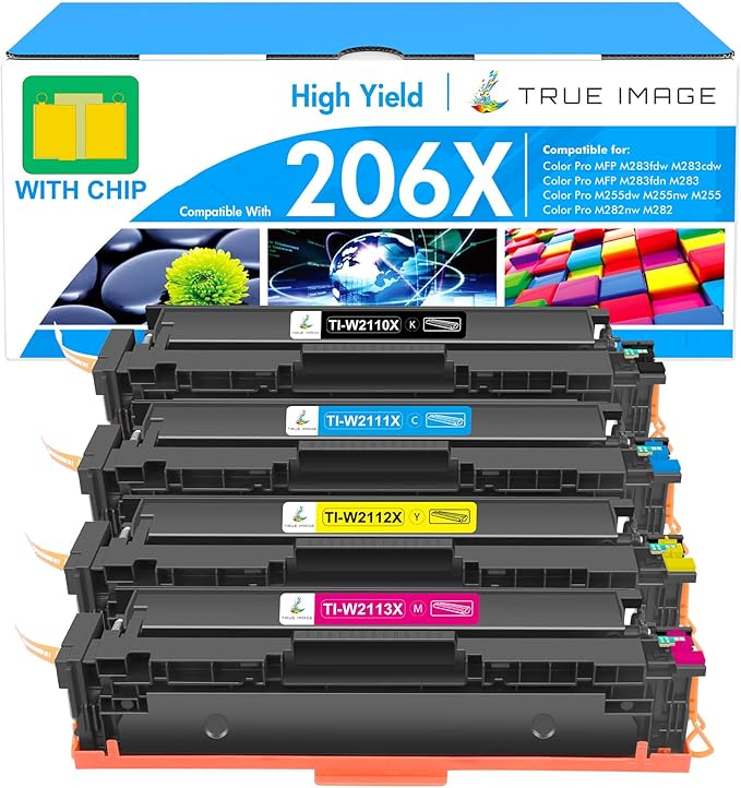 206X Toner Cartridges 4 Pack High Yield: MFP M283fdw M283cdw M255dw 206A 206 Set Compatible for HP 206X for HP Color LaserJet Pro M283fdn M255nw M282nw M283 W2110X Printer Ink (with Chip -B/C/Y/M)
