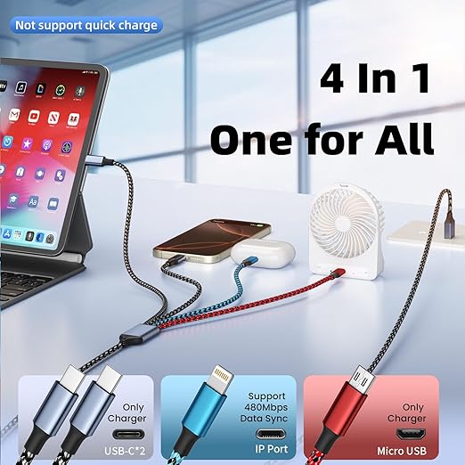 Dual Type-C Ports 4 IN 1 Multi Charging Cable Cord, USB to USB C Cable for Multiple Devices, Travel Vacation Essentials Phone Charger Cord with iPhone 17/IP/Micro for iPhone 17-11/Android(5FT 4Pack)