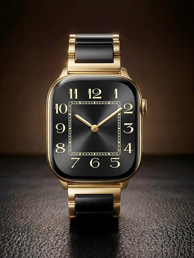 V.R.HOPE Gold Stainless-Steel Metal Resin Apple Watch Band 42mm 44mm 45mm 46mm 49mm Fashion Bracelet Strap for Women Compatible with iWatch Series Ultra3/11/10/9/8/7/6/5/4/3/2/1/SE (Black+Gold)