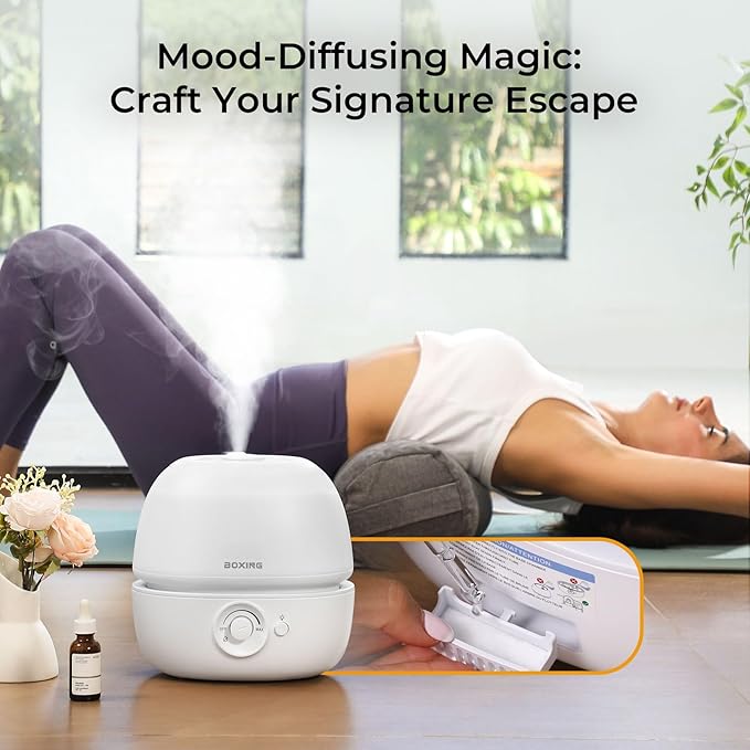 BOXING 3L Top Fill Humidifiers for Bedroom Baby, 20dB Quiet Air Humidifier for Large Room & Indoor Plants with Optional Night Light, Cool Mist Diffuser for Home, Essential Oil Tray, BPA-Free,White,30H