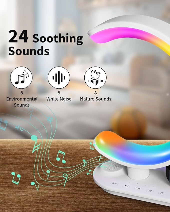 4 in 1 Bluetooth Speaker Night Light with Wireless Charger, Atmosphere Lamp with 24 Soothing Sounds, 16M+ Colors & App Control, Smart Light Sound Machine for Bedroom Home Decor (White)