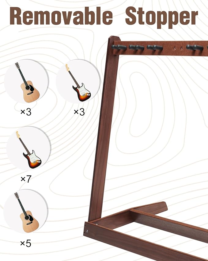 Multiple Guitar Stand, Black Walnut Wood Multi Guitar Rack for 5 Acoustic, 7 Electric or 7 Bass, Hardwood Instrument Racks for Men, Wooden Floor Acoustic Stand for Home Decor, Studio Display